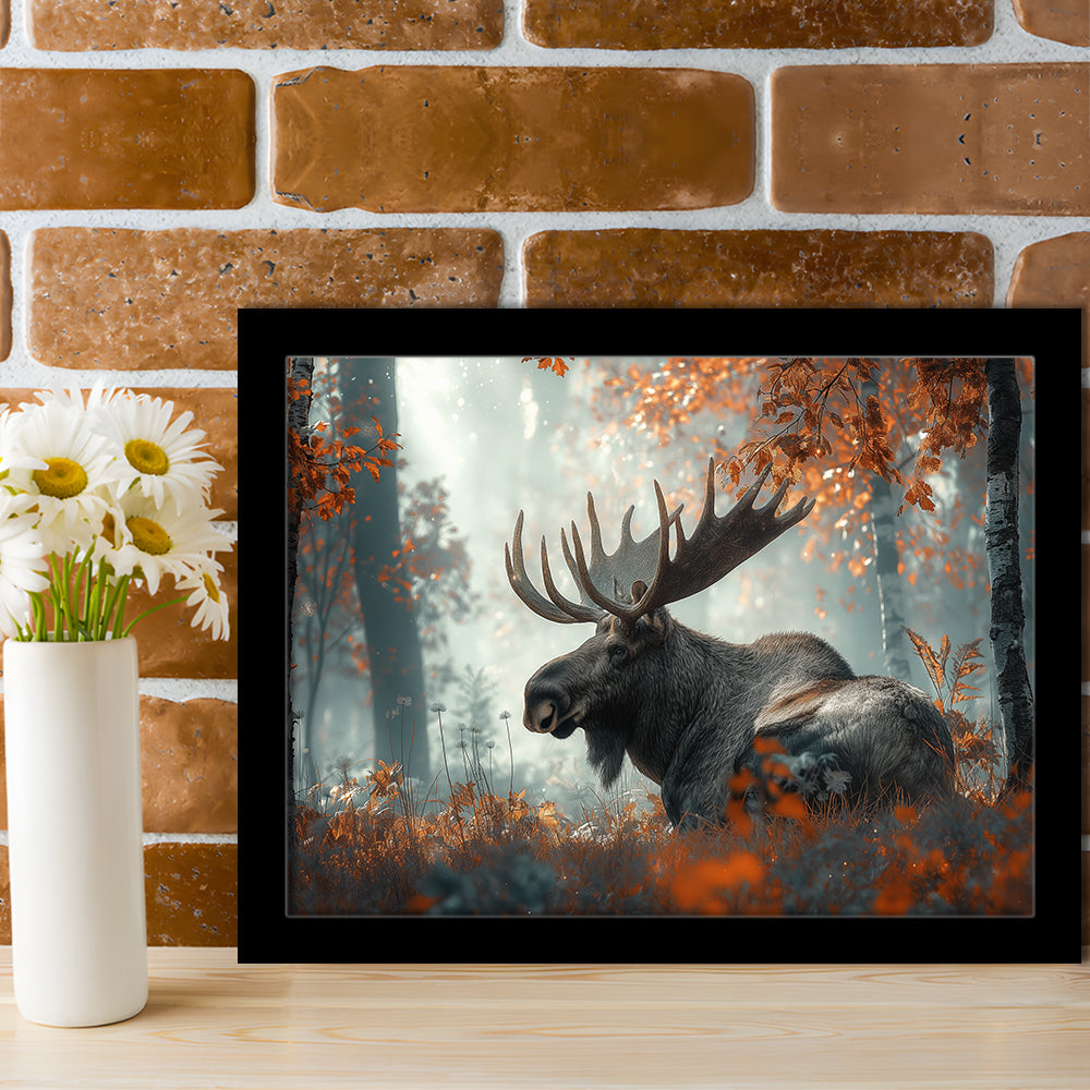 A Large Moose in Autumn Forest, Framed  Print, Painting Art, Framed Art Print Wall Decor, Framed Picture