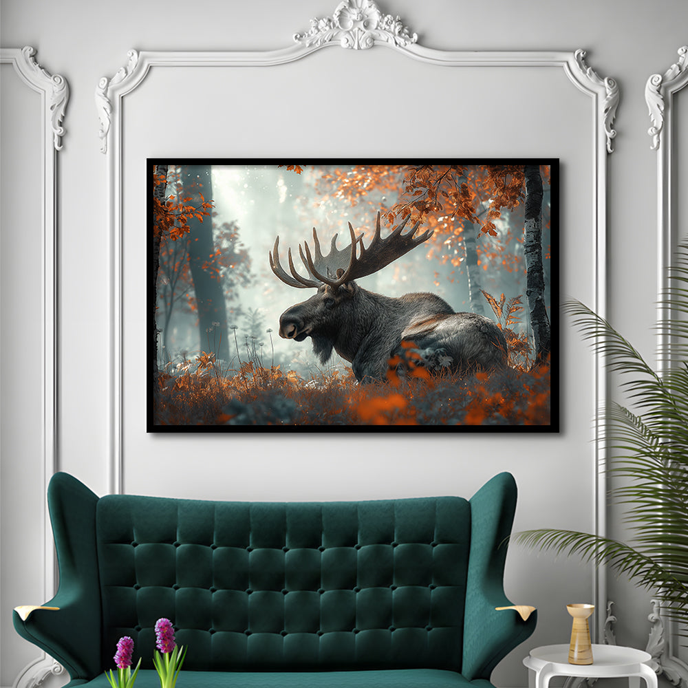 A Large Moose in Autumn Forest, Framed  Print, Painting Art, Framed Art Print Wall Decor, Framed Picture