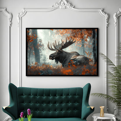 A Large Moose in Autumn Forest, Framed  Print, Painting Art, Framed Art Print Wall Decor, Framed Picture