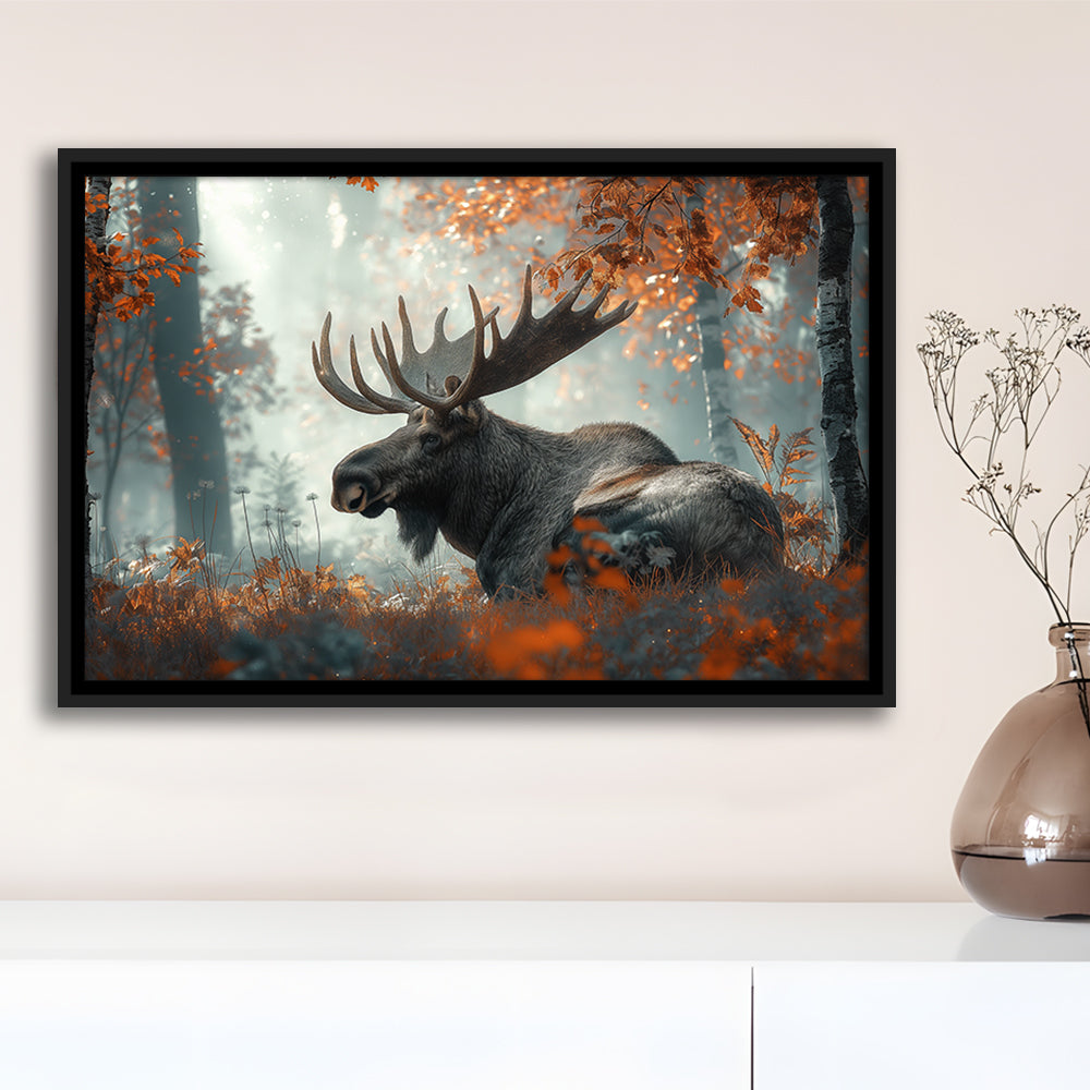A Large Moose in Autumn Forest, Framed Canvas Print, Painting Art, Floating Framed Canvas Print Wall Art