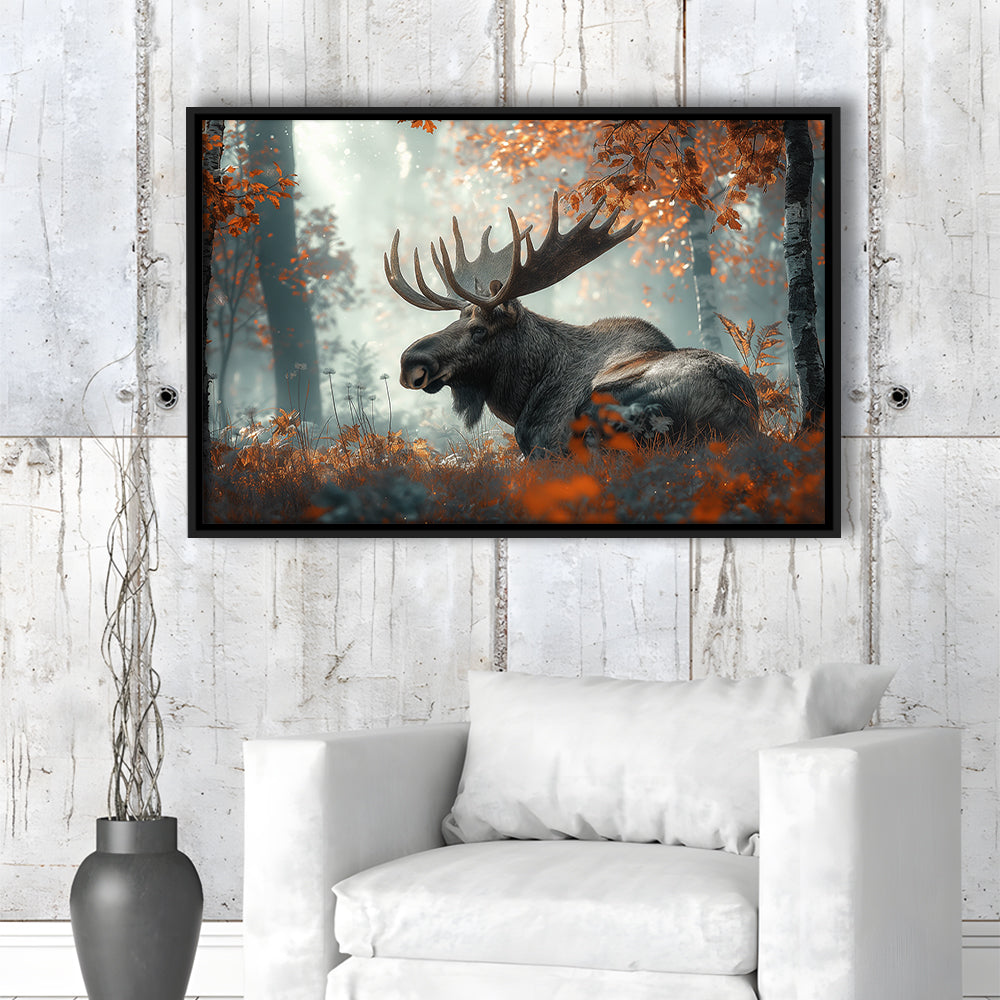 A Large Moose in Autumn Forest, Framed Canvas Print, Painting Art, Floating Framed Canvas Print Wall Art