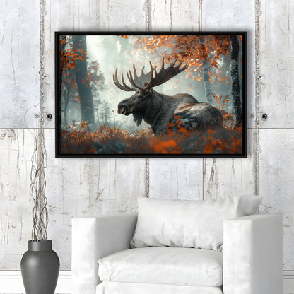 A Large Moose in Autumn Forest, Framed Canvas Print, Painting Art, Floating Framed Canvas Print Wall Art