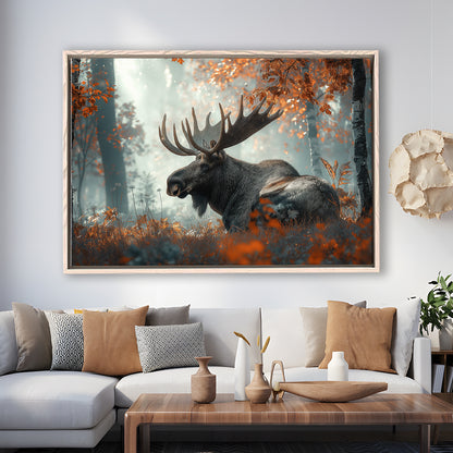 A Large Moose in Autumn Forest, Framed Canvas Print, Painting Art, Floating Framed Canvas Print Wall Art