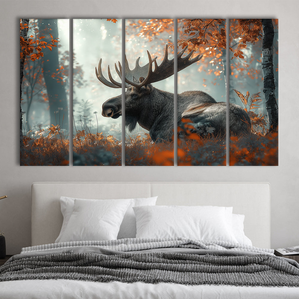 A Large Moose in Autumn Forest, Canvas Art Print, Painting Art, Multi Panels Canvas Print Wall Art