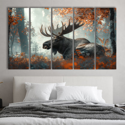 A Large Moose in Autumn Forest, Canvas Art Print, Painting Art, Multi Panels Canvas Print Wall Art