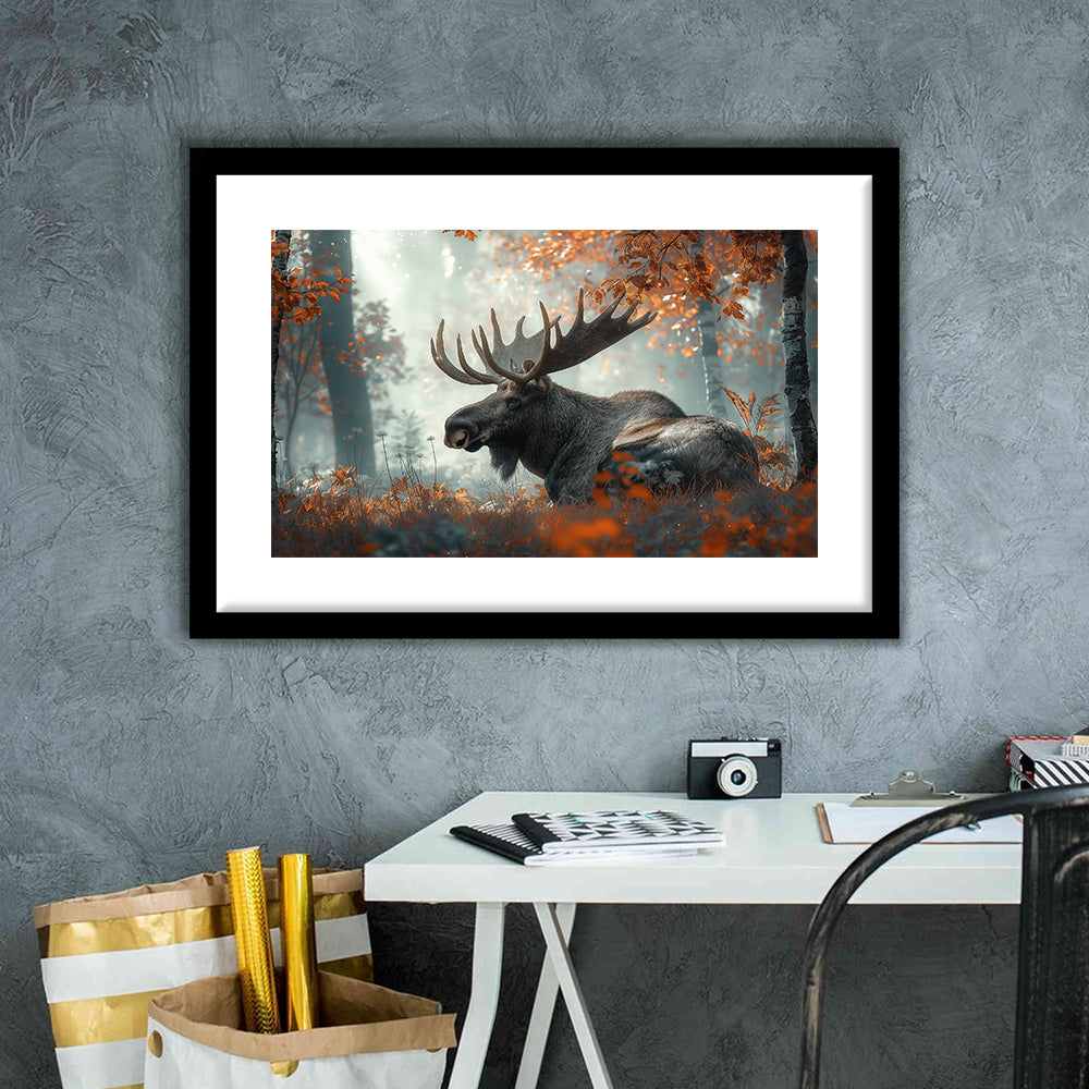 A Large Moose in Autumn Forest, Framed  Print, Painting Art, Framed Art Print White Border Wall Decor