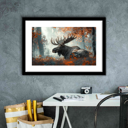 A Large Moose in Autumn Forest, Framed  Print, Painting Art, Framed Art Print White Border Wall Decor