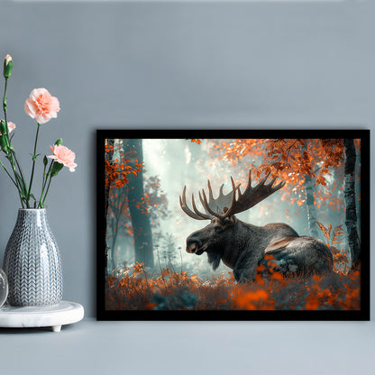A Large Moose in Autumn Forest, Framed  Print, Painting Art, Framed Art Print Wall Decor, Framed Picture