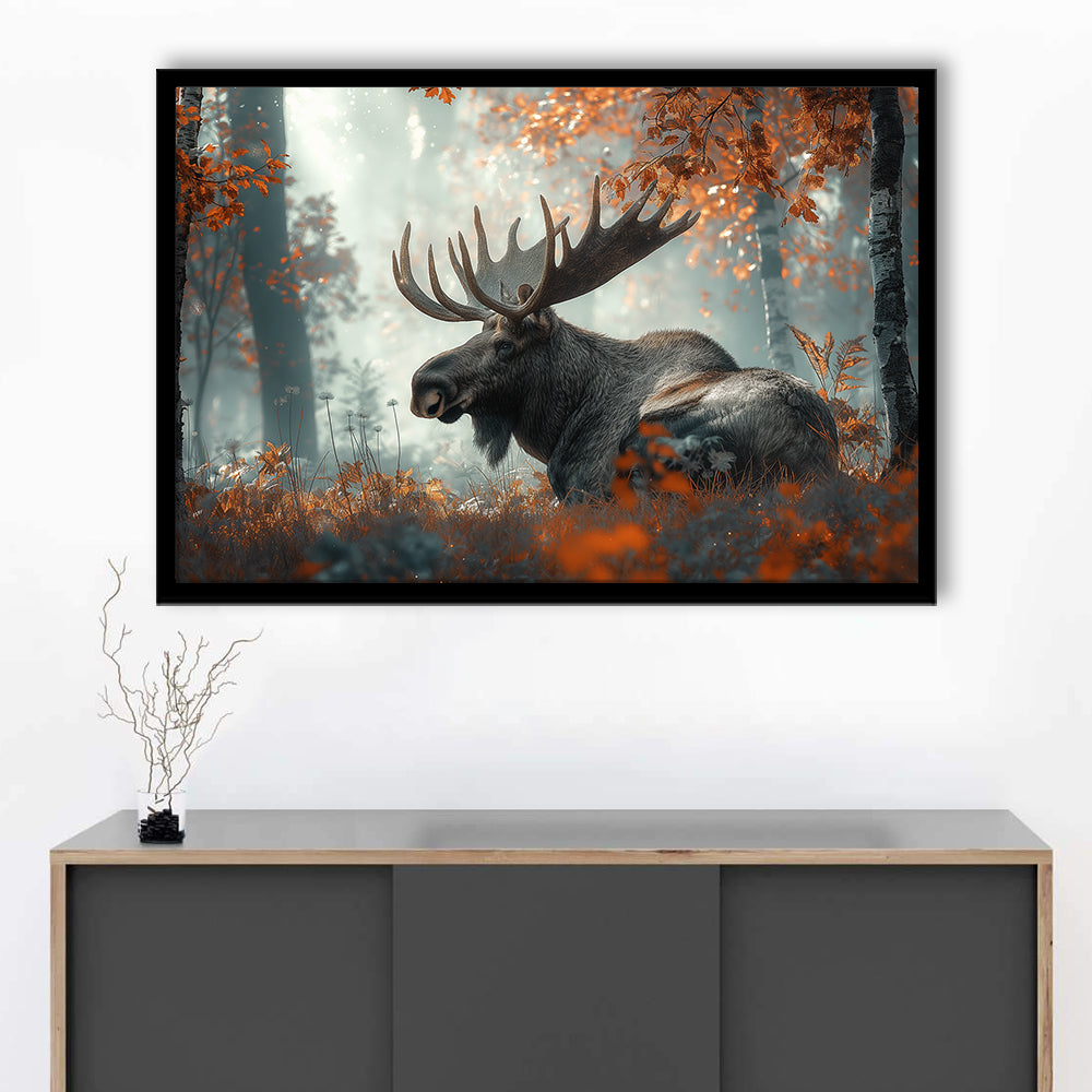 A Large Moose in Autumn Forest, Framed  Print, Painting Art, Framed Art Print Wall Decor, Framed Picture