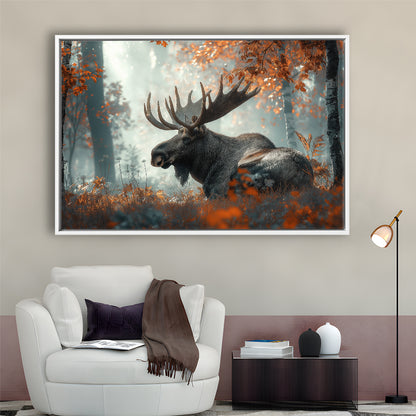 A Large Moose in Autumn Forest, Framed Canvas Print, Painting Art, Floating Framed Canvas Print Wall Art