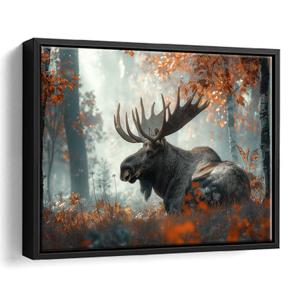 A Large Moose in Autumn Forest, Framed Canvas Print, Painting Art, Floating Framed Canvas Print Wall Art