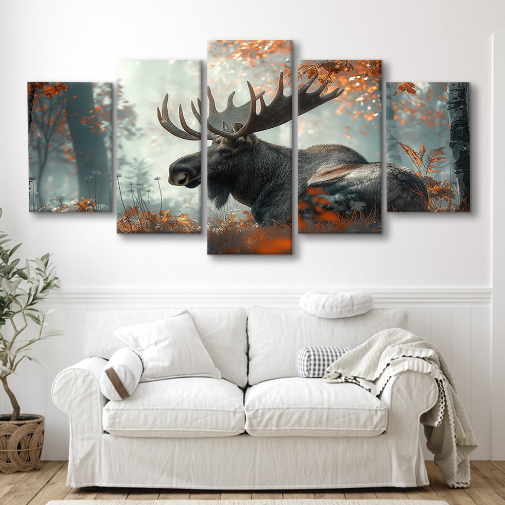 A Large Moose in Autumn Forest, Canvas Art Decor Print, Painting Art, Mixed Panels Canvas Print Wall Art