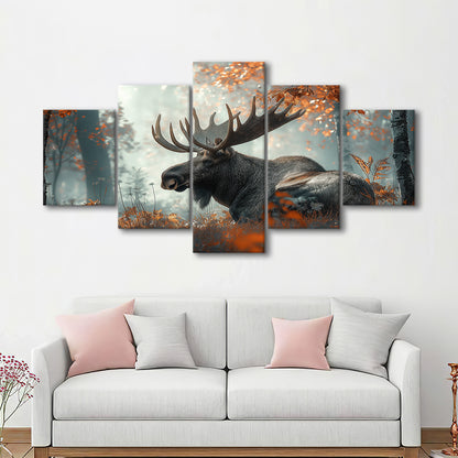 A Large Moose in Autumn Forest, Canvas Art Decor Print, Painting Art, Mixed Panels Canvas Print Wall Art