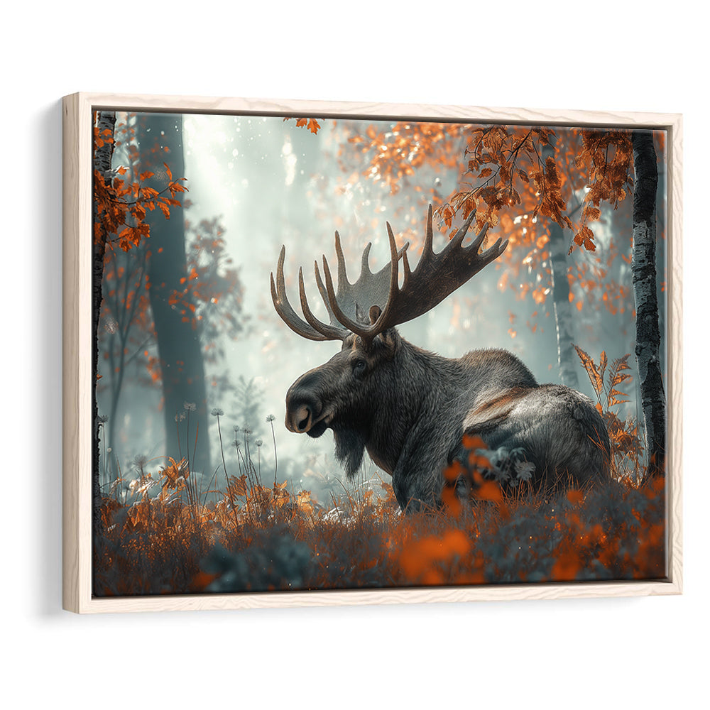 A Large Moose in Autumn Forest, Framed Canvas Print, Painting Art, Floating Framed Canvas Print Wall Art