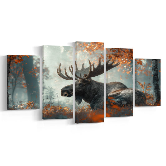 A Large Moose in Autumn Forest, Canvas Art Decor Print, Painting Art, Mixed Panels Canvas Print Wall Art