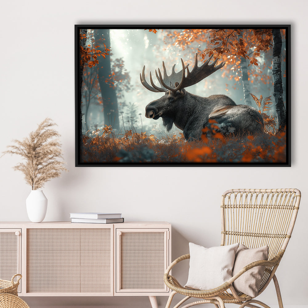 A Large Moose in Autumn Forest, Framed Canvas Print, Painting Art, Floating Framed Canvas Print Wall Art