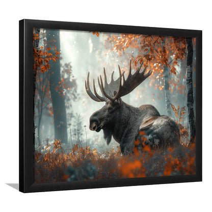 A Large Moose in Autumn Forest, Framed  Print, Painting Art, Framed Art Print Wall Decor, Framed Picture