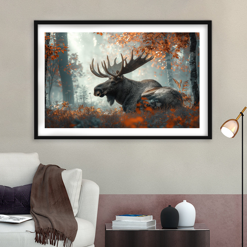 A Large Moose in Autumn Forest, Framed  Print, Painting Art, Framed Art Print White Border Wall Decor