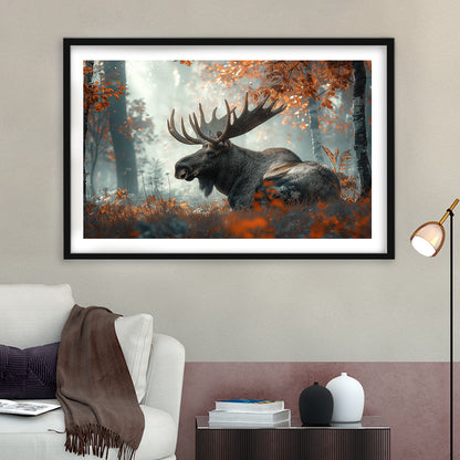 A Large Moose in Autumn Forest, Framed  Print, Painting Art, Framed Art Print White Border Wall Decor