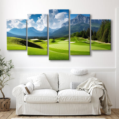 A Stunning View Of A Golf Course, Golf Art Print, 5 Pieces Mixed Canvas Print Wall Art