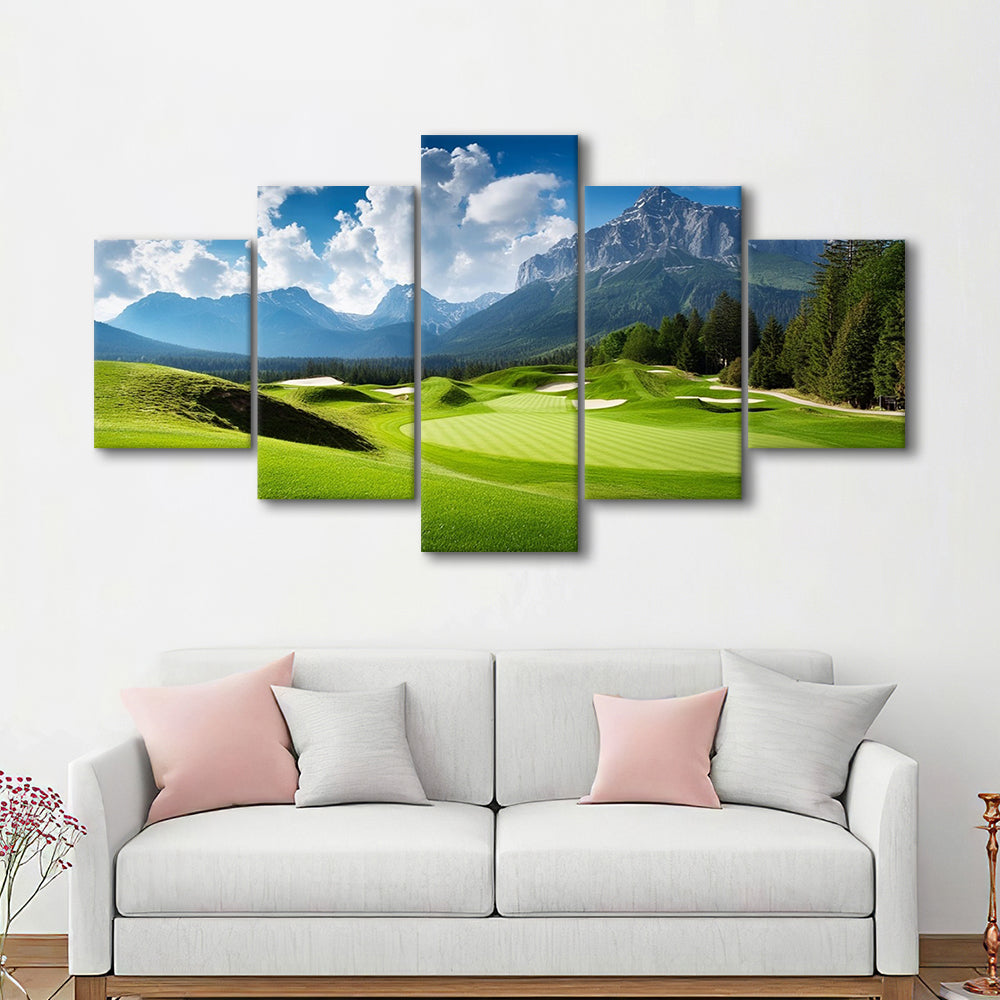 A Stunning View Of A Golf Course, Golf Art Print, 5 Pieces Mixed Canvas Print Wall Art