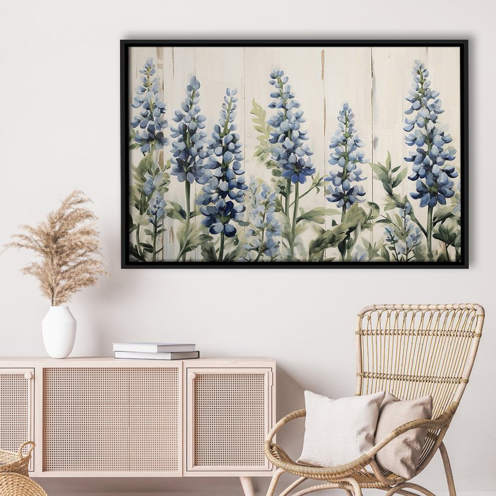 Above Bed Blue Wildflowers On White Background Painting Canvas Print, Framed Canvas Print Wall Art, Floating Frame