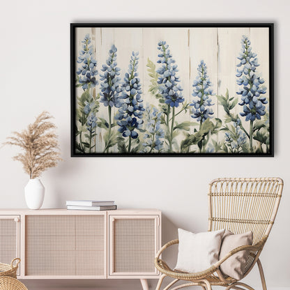 Above Bed Blue Wildflowers On White Background Painting Canvas Print, Framed Canvas Print Wall Art, Floating Frame