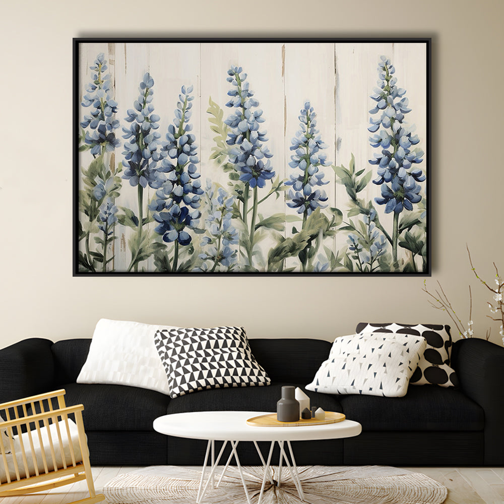 Above Bed Blue Wildflowers On White Background Painting Canvas Print, Framed Canvas Print Wall Art, Floating Frame