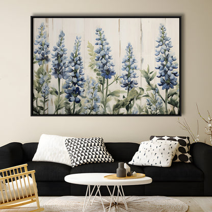 Above Bed Blue Wildflowers On White Background Painting Canvas Print, Framed Canvas Print Wall Art, Floating Frame
