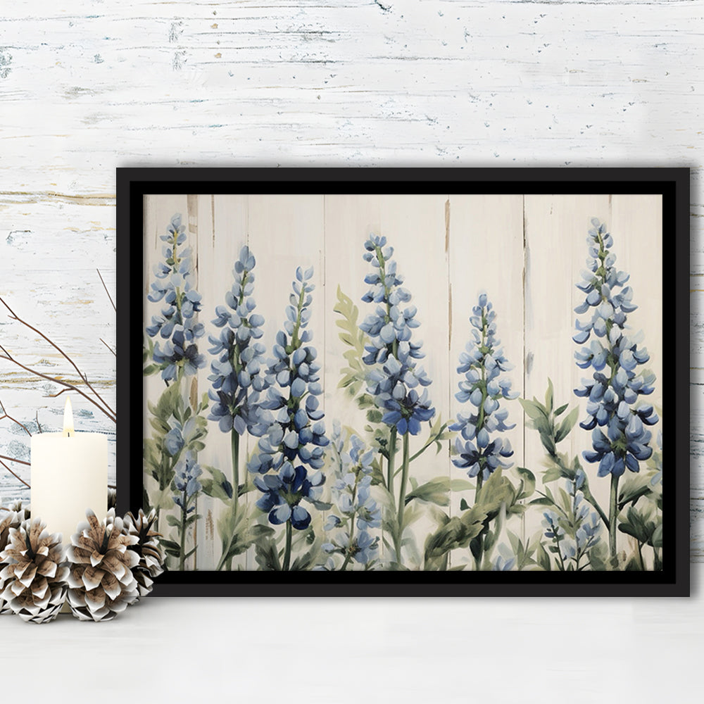 Above Bed Blue Wildflowers On White Background Painting Canvas Print, Framed Canvas Print Wall Art, Floating Frame