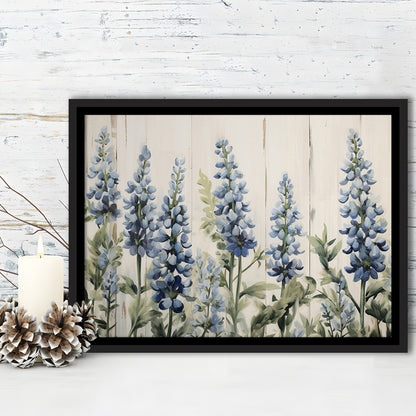 Above Bed Blue Wildflowers On White Background Painting Canvas Print, Framed Canvas Print Wall Art, Floating Frame