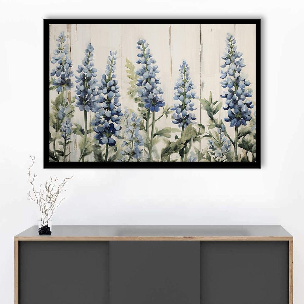 Above Bed Blue Wildflowers on White Background Painting Canvas Print, Framed Art Print Wall Decor, Picture Framed