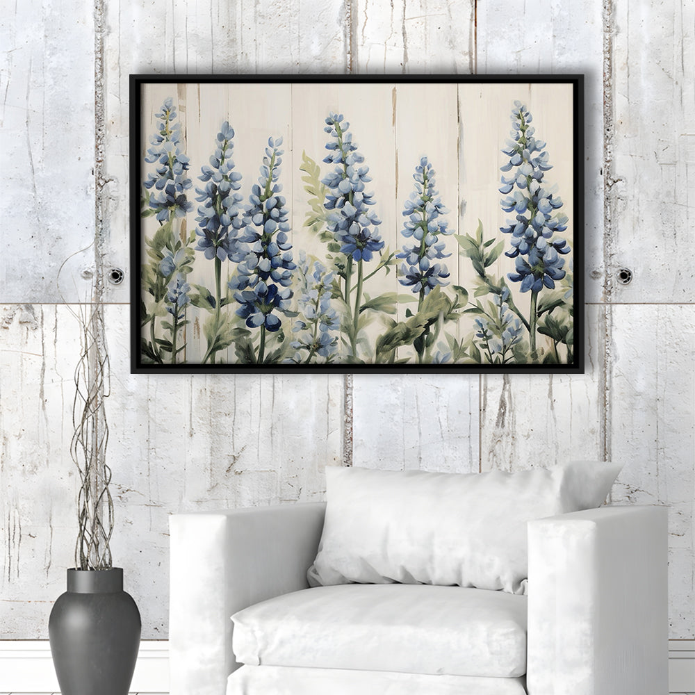 Above Bed Blue Wildflowers On White Background Painting Canvas Print, Framed Canvas Print Wall Art, Floating Frame