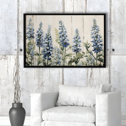 Above Bed Blue Wildflowers On White Background Painting Canvas Print, Framed Canvas Print Wall Art, Floating Frame