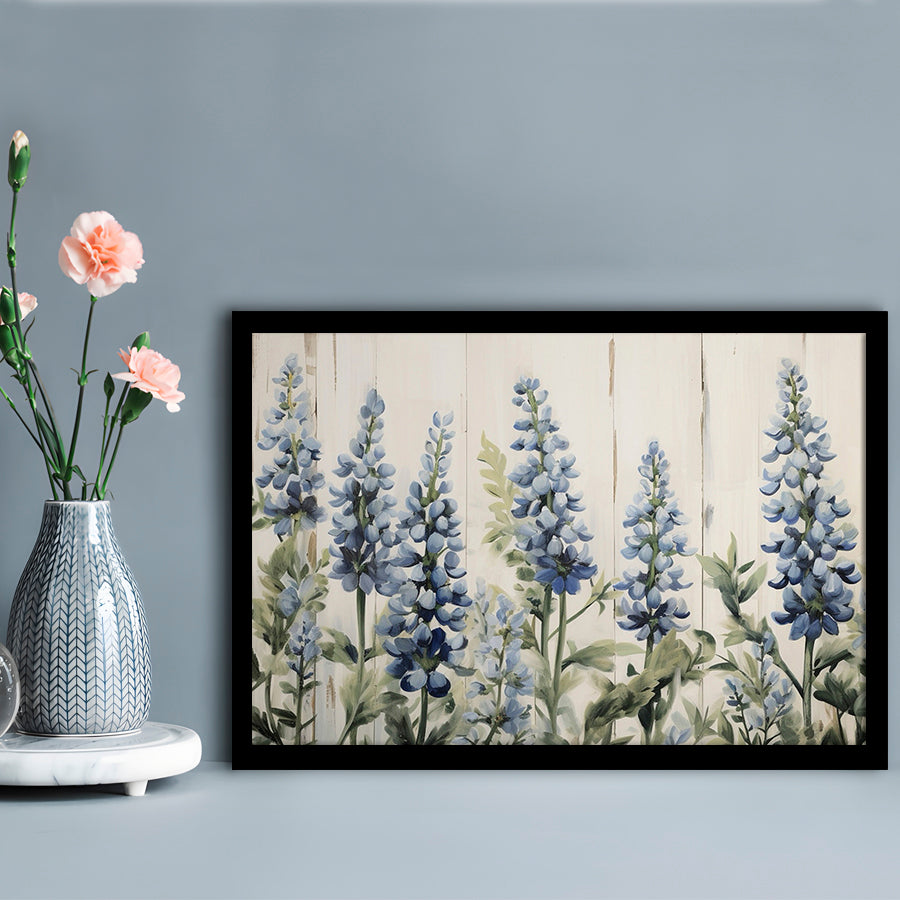 Above Bed Blue Wildflowers on White Background Painting Canvas Print, Framed Art Print Wall Decor, Picture Framed