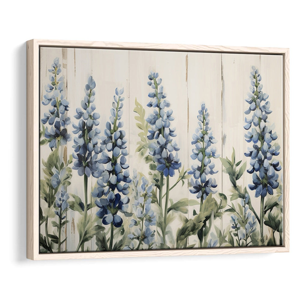 Above Bed Blue Wildflowers On White Background Painting Canvas Print, Framed Canvas Print Wall Art, Floating Frame