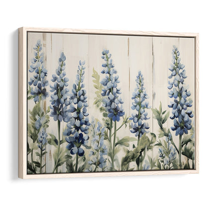 Above Bed Blue Wildflowers On White Background Painting Canvas Print, Framed Canvas Print Wall Art, Floating Frame