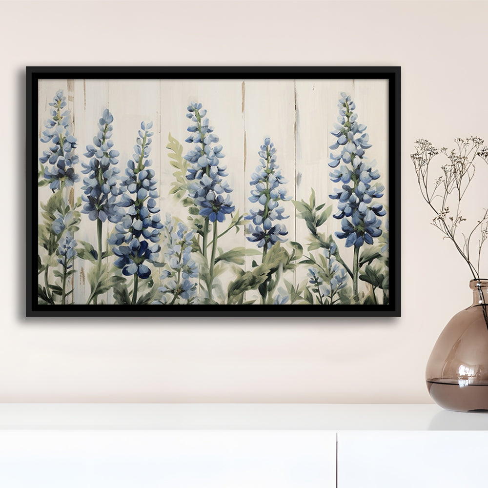 Above Bed Blue Wildflowers On White Background Painting Canvas Print, Framed Canvas Print Wall Art, Floating Frame