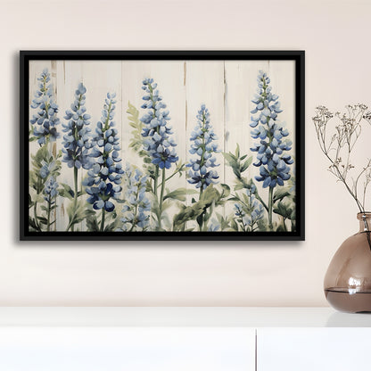 Above Bed Blue Wildflowers On White Background Painting Canvas Print, Framed Canvas Print Wall Art, Floating Frame