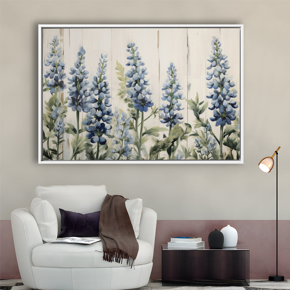 Above Bed Blue Wildflowers On White Background Painting Canvas Print, Framed Canvas Print Wall Art, Floating Frame