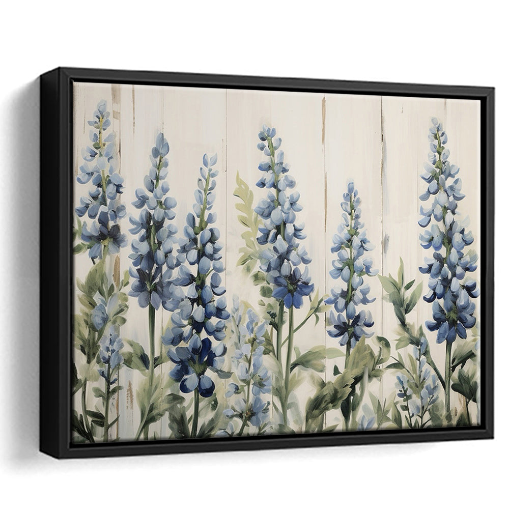 Above Bed Blue Wildflowers On White Background Painting Canvas Print, Framed Canvas Print Wall Art, Floating Frame