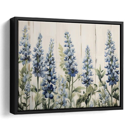 Above Bed Blue Wildflowers On White Background Painting Canvas Print, Framed Canvas Print Wall Art, Floating Frame