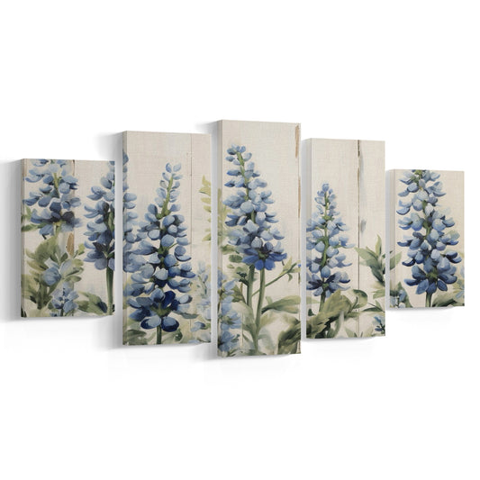 Above Bed Blue Wildflowers on White Background Painting Canvas Print, 5 Panel Mixed Canvas Print Wall Art, Large Canvas