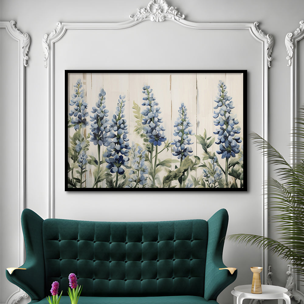 Above Bed Blue Wildflowers on White Background Painting Canvas Print, Framed Art Print Wall Decor, Picture Framed