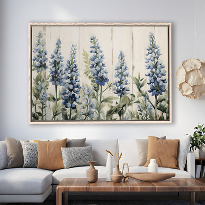 Above Bed Blue Wildflowers On White Background Painting Canvas Print, Framed Canvas Print Wall Art, Floating Frame
