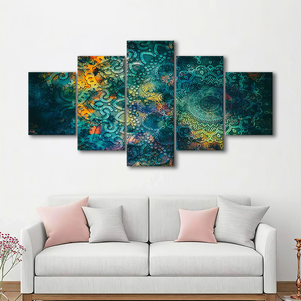 Abstract Ancient Wall Art, Geometric Mandala Canvas Print, 5 Piece Large Cavas Print Wall Art