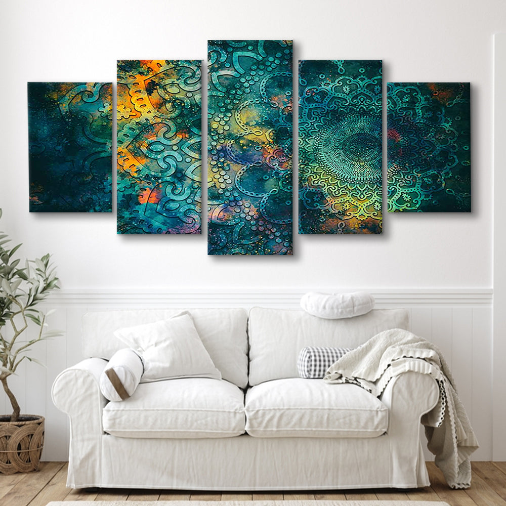 Abstract Ancient Wall Art, Geometric Mandala Canvas Print, 5 Piece Large Cavas Print Wall Art