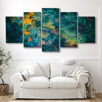 Abstract Ancient Wall Art, Geometric Mandala Canvas Print, 5 Piece Large Cavas Print Wall Art