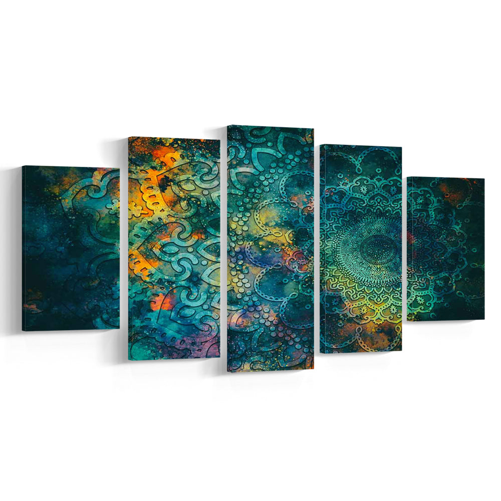 Abstract Ancient Wall Art, Geometric Mandala Canvas Print, 5 Piece Large Cavas Print Wall Art