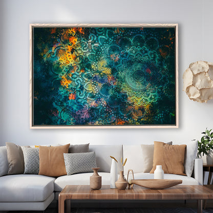 Abstract Ancient Wall Art, Geometric Mandala Canvas Print, Framed Cavas Print, Floating Frame